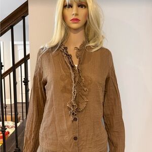 Alara Brown Ruffled Long Sleeve Linen Blouse